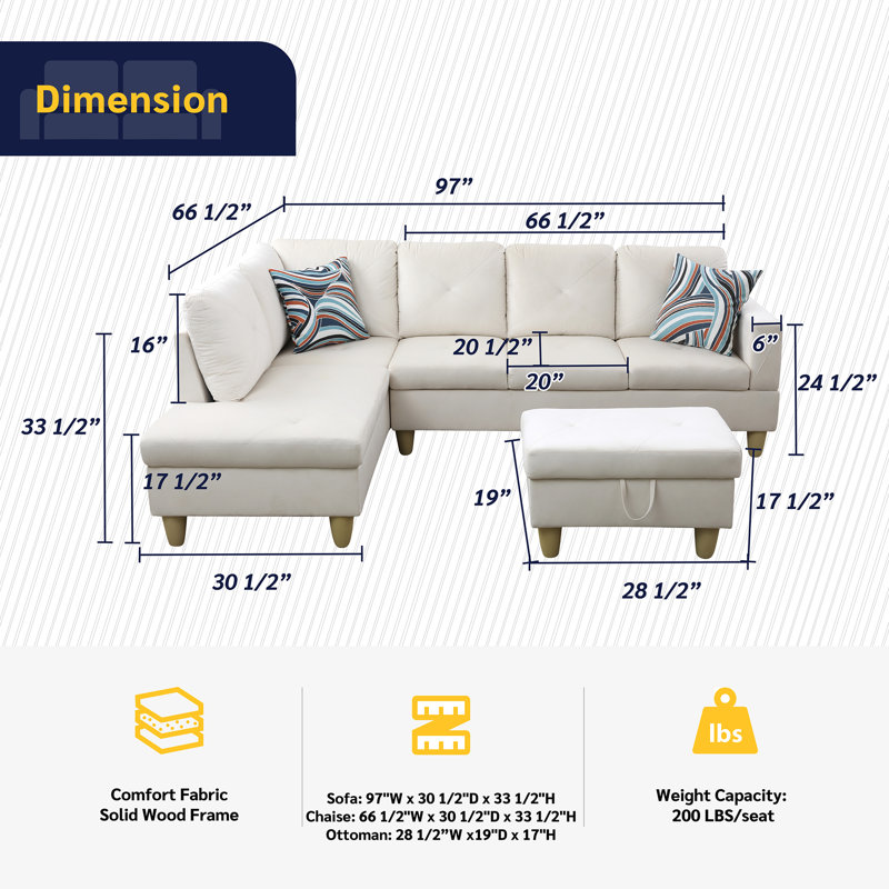 Amayrani Upholstered L-Shaped Sectional, Left Hand Facing, White