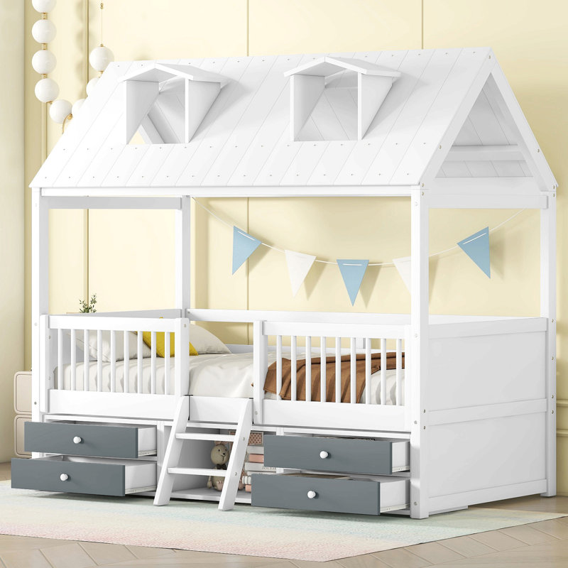 Structure de lit en bois avec 4 tiroirs de rangement, Lit simple, Blanc