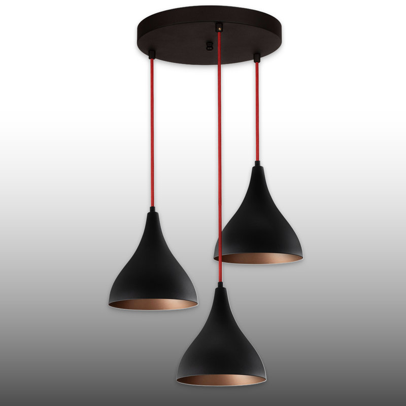 Luminaire suspendu moderne à 3 lumières avec abat-jours noirs et cordons rouges