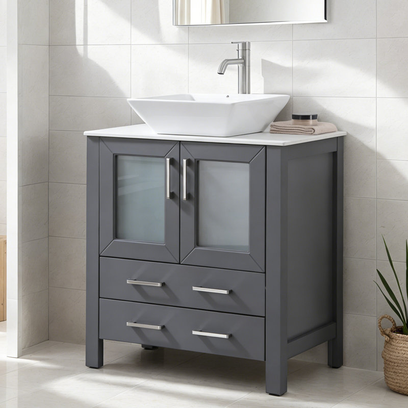 30" Modern Freestanding Dark Gray  Bathroom Vanity with Ceramic Vessel Sink And Double Ribbed Glass Doors & 2 Storage Drawers