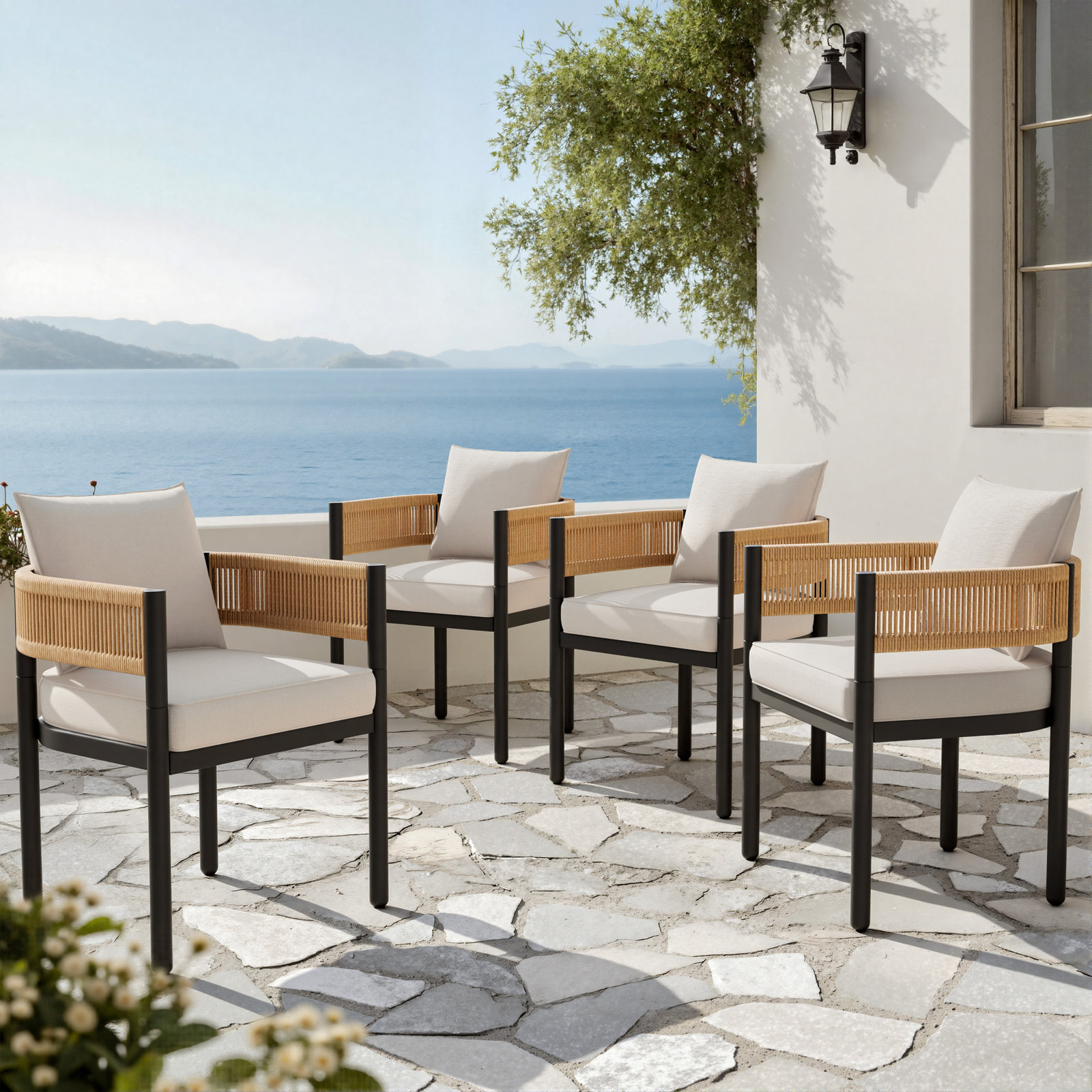 Alessandra Rope Outdoor Dining Chairs With Cushions, White Cushion/ Natural Arm