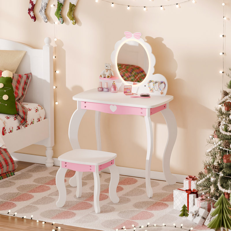 Ensemble de coiffeuse pour enfants avec miroir lumineux et tabouret, Blanc