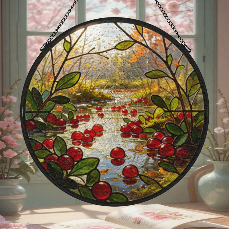Baies d'automne de style vitrail flottant sur des panneaux de vitrail, 3.5x3.5in(9x9cm)