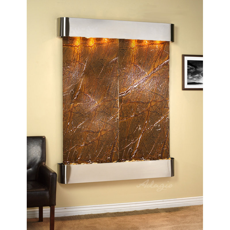 Majestic River Indoor Natural Stone Waterfall Fountain with Lights, Rainforest Brown Marble, Stainless Steel