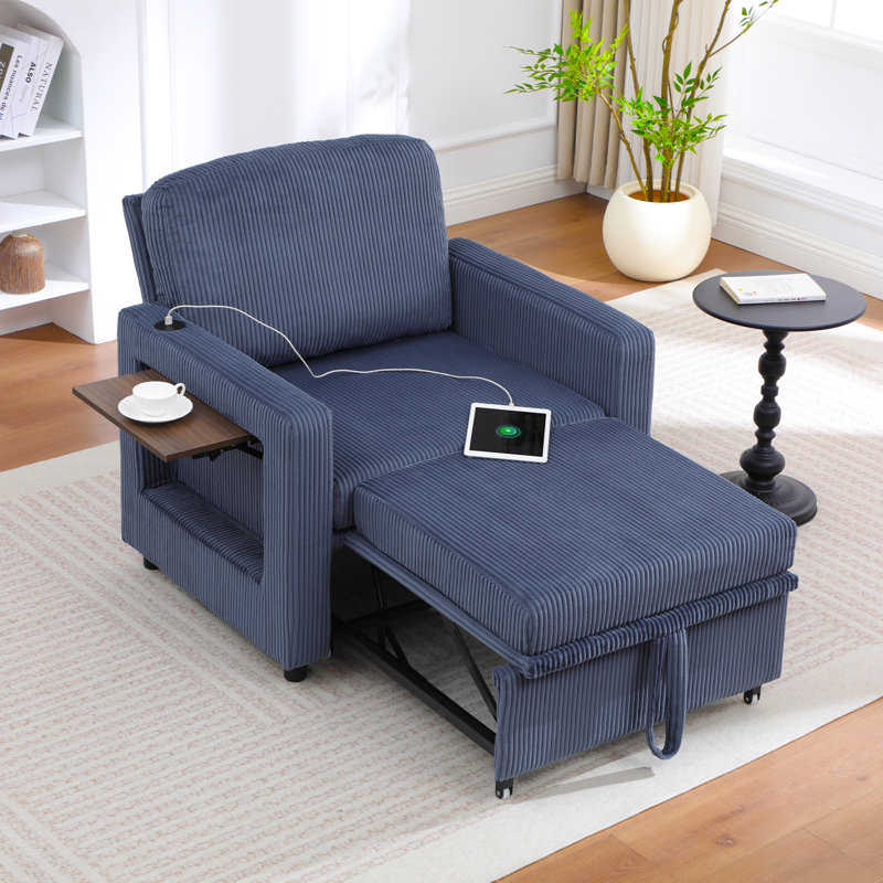 Canapé-lit rembourré multifonctionnel avec ports USB et poche latérale pratique, Chenille bleu
