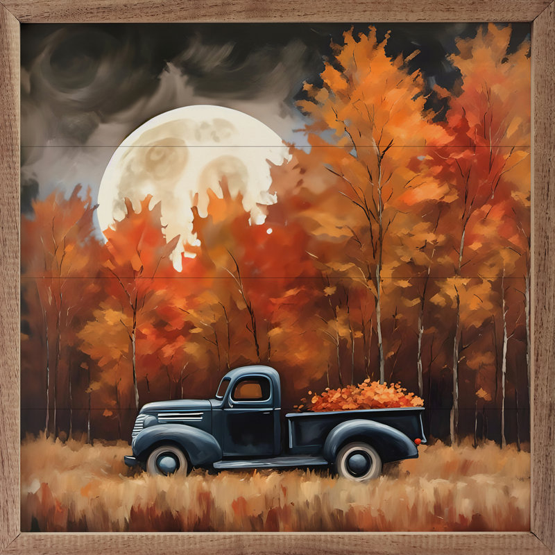 «Camion noir avec lune d'automne» sur bois, H 4 po x l 4 po