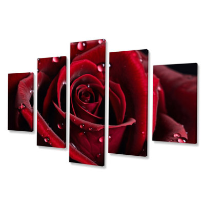 Rose rouge avec gouttes de pluie III - impression sur toile florale - 5 panneaux