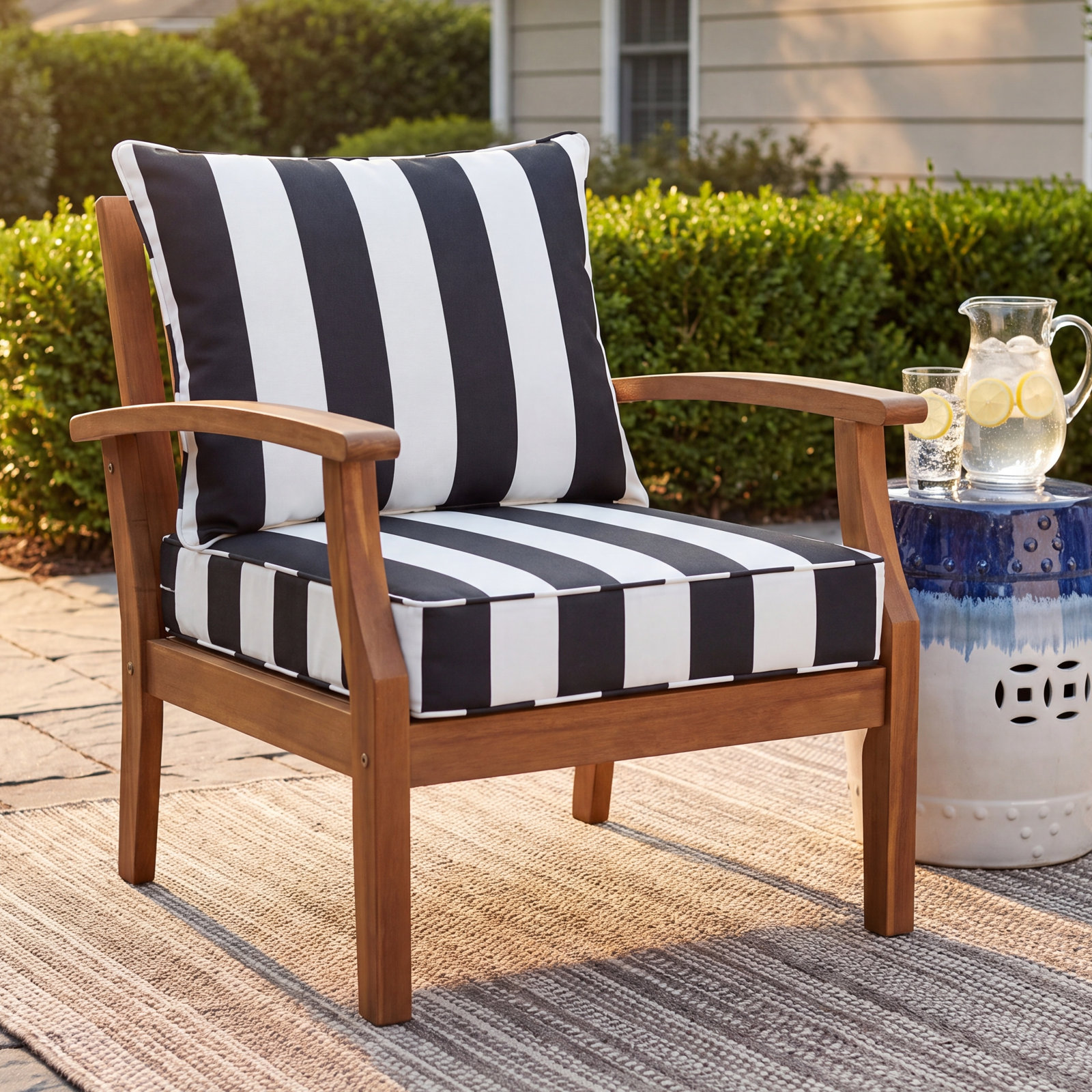 Honey Sunbrella® Seat and Back Cushion, 22.5" W x 22.5" D, Black/White