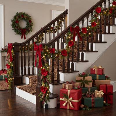 Guirlande de Noël de 6 pi avec lumières DEL, fleurs rouges et baies pour manteau de cheminée, porte, escalier et décoration intérieure