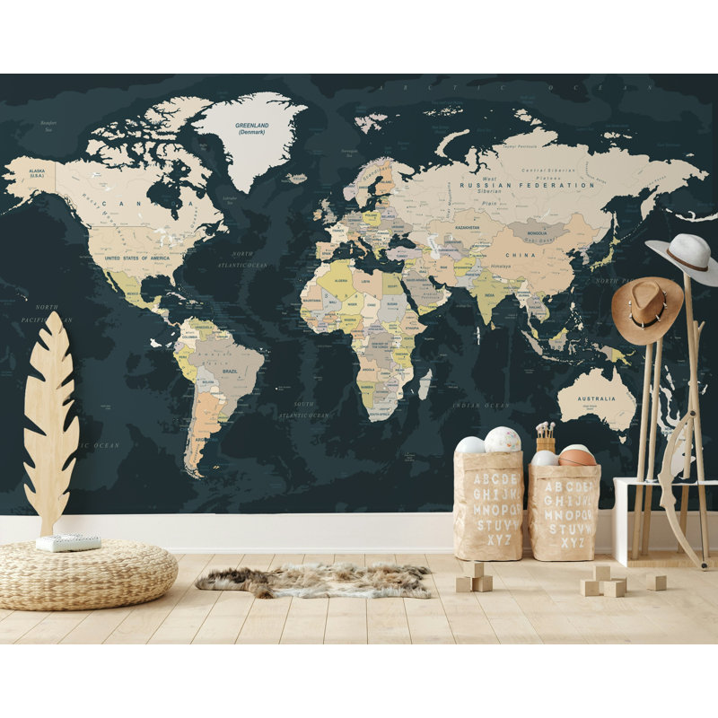 Papier peint carte du monde océan bleu marine, L 114,96 po x l 225 po