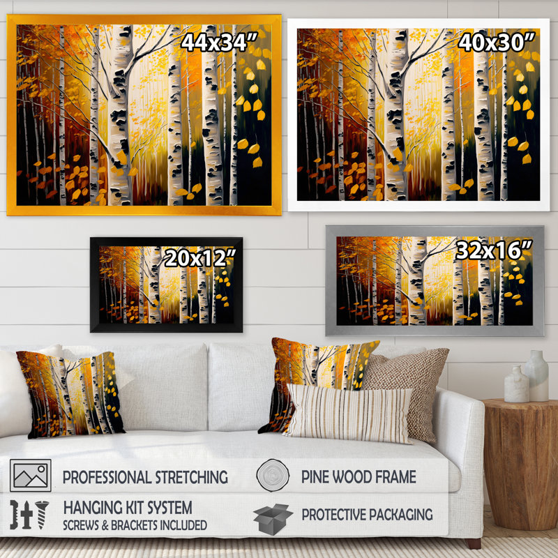 Into A Golden Birch Forest III - paysage, art mural sur toile, L 20 po x H 12 po, Toile avec cadre photo noir