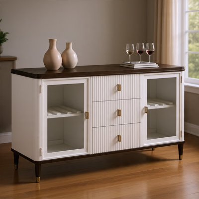 Buffet Aren, 3 tiroirs, 2 portes en verre, blanc, brun, 62 po