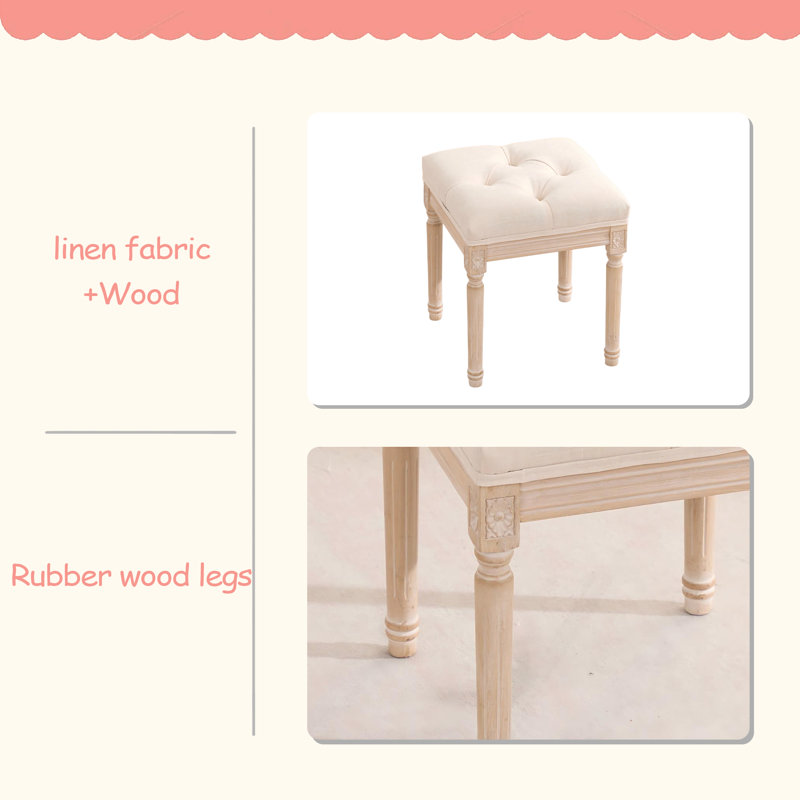 Banc de style français, banc d'entrée en tissu de lin, banc rembourré capitonné avec pieds en bois brossé