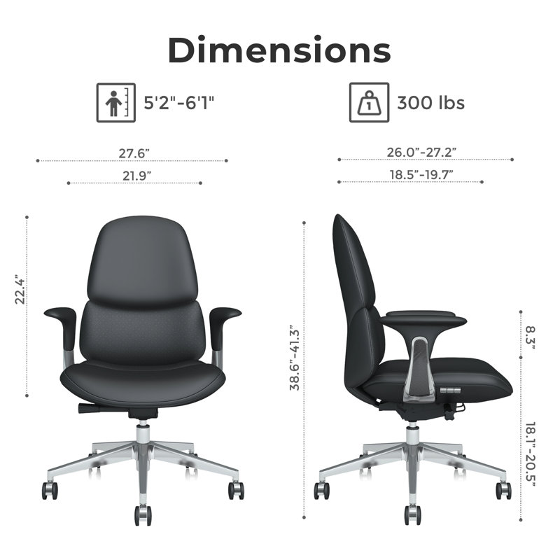 Genuine Leather Executive Chair, Mid-Back Ergonomic Swivel Office Chair, High Back Desk Chair with Polished Aluminum Alloy Base, Adjustable Height