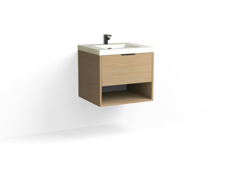 Modo 24" W Wall Mounted Single Bathroom Vanity , Glossy White/Single, Satin Brass, Nocino