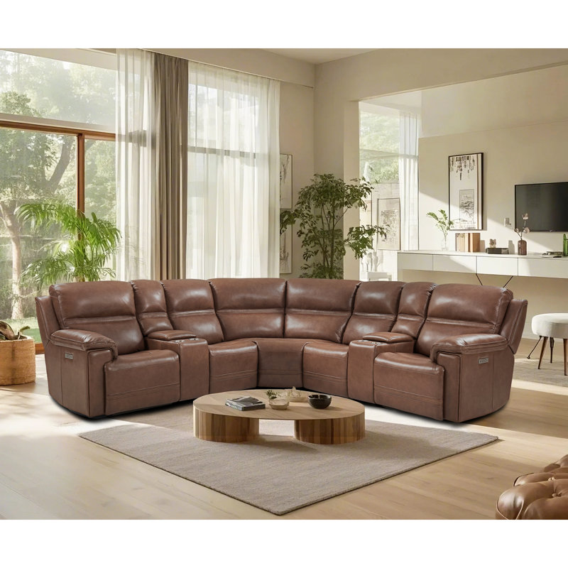 Canapé d'angle 5 places en cuir véritable avec double motorisation, fonction zéro gravité, ports USB, 2 consoles rabattables et 3 fauteuils inclinables électriques