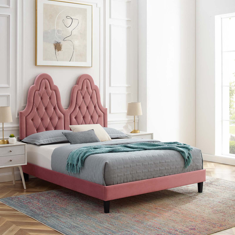 Lit plateforme en velours Alexandria, Simple, Vieux rose