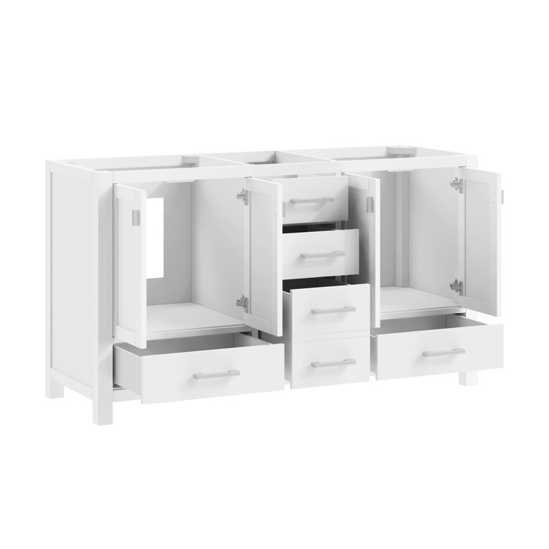 Meuble-lavabo double 60 po avec plateau Souther, Blanc, Marbre blanc de Cala