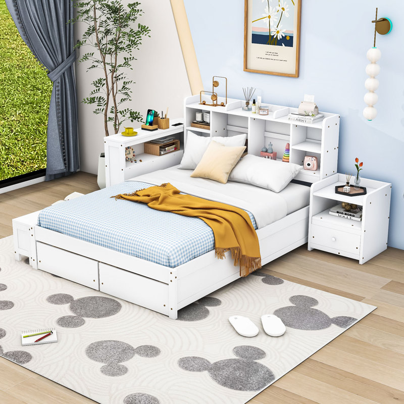 Lit plateforme double avec tête de lit multifonctionnelle, ports USB et tiroirs, Blanc