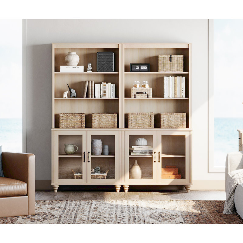Scarlett 67.7" W 5-Tier Manufactured Wood Bookcase with Glass Storage Cabinets and Gourd Legs, Light Beige