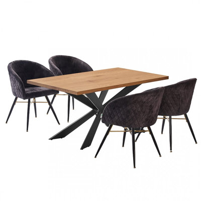 Goddard 4 Person Dining set - a Rectangular Wooden Dining Table with Metal Legs and a Set of 4 Quilted Velvet Dining Chairs for Dining Room - Modern Dining Table Set