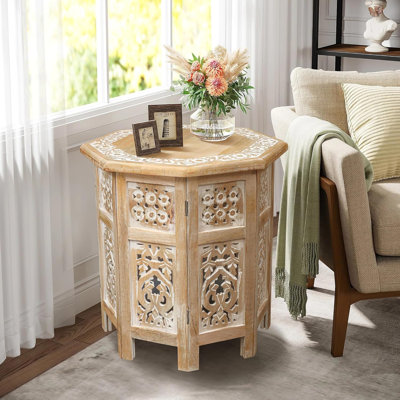 Hand-Carved Octagon Folding End Table – White Wash