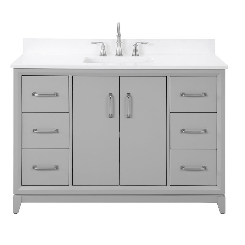 Meuble-lavabo double 48 po Luton avec comptoir en quartz blanc, lavabo et dosseret. Gris moderne. Pré-assemblage