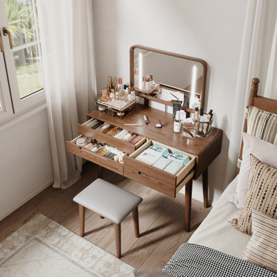 Coiffeuse de maquillage en bois massif, miroir amovible, éclairage réglable, équipé de trois tiroirs