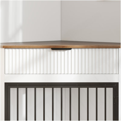 Meuble de rangement en coin pour chien de 44,6 po en MDF pour petits / moyens chiens, table de bout décorative pour chenil avec rangement cannelé et tiroir pour chien, peu encombrant et moderne (blanc)