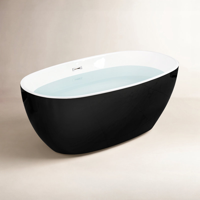 59" x 32" Freestanding Soaking Bathtub, Black, Brushed Nickel