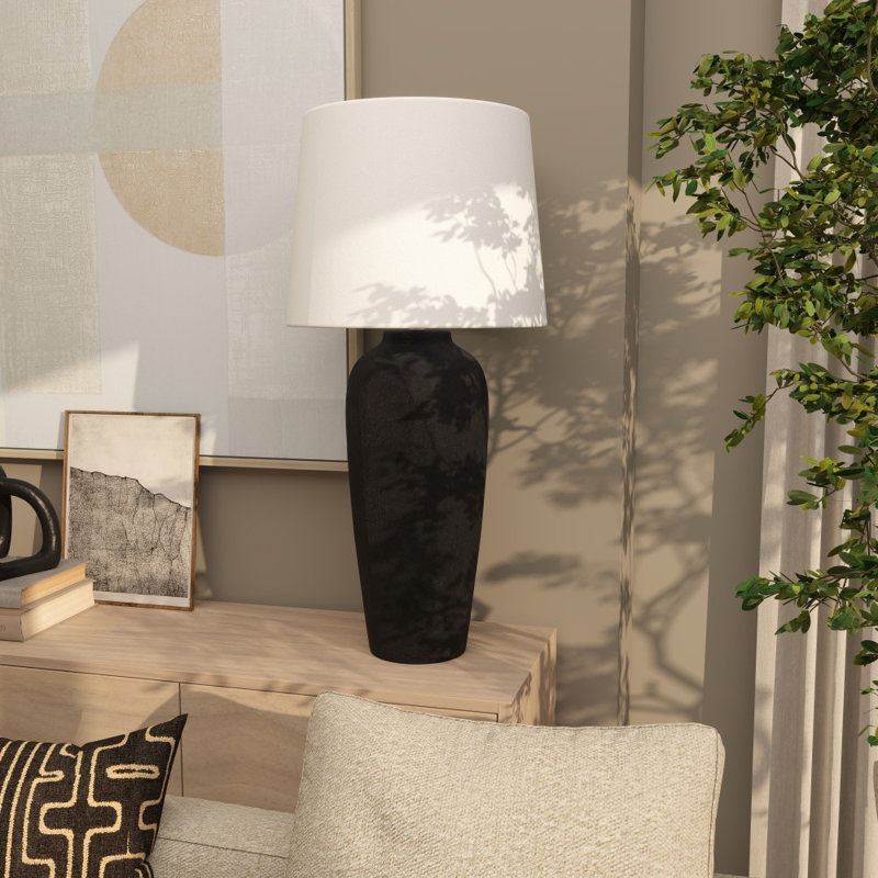 Cole And Grey Ceramic Antique Style Pot Vase Room Table Lamp With White Linen Shade, Black, 28.5" H x 14" W x 14" D