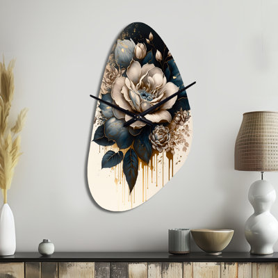 Black And White Rose Design III - Rose Asymmetrical Metal Wall Clock, Traditional Unique Shape Wall Clock Print