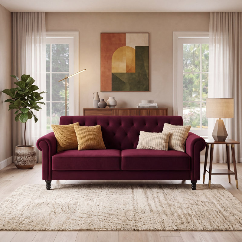 Rainsburg 3-Seater Velvety Sofa, Burgundy, 3