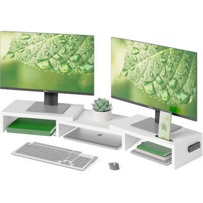 Dual Monitor Stand Riser With Smartphone Holder, Adjustable Length & Swivel Angle, Ergonomic Wooden Desktop Organizer