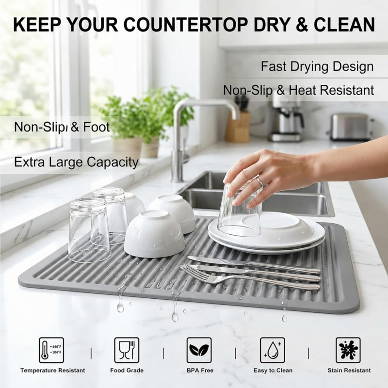Très grand sous-pied en silicone, coussinets chauffants pour la cuisine - Coussinets chauffants résistants à la chaleur pour comptoir de cuisine à 446 ° F, 2 poignées pour la cuisine, gris