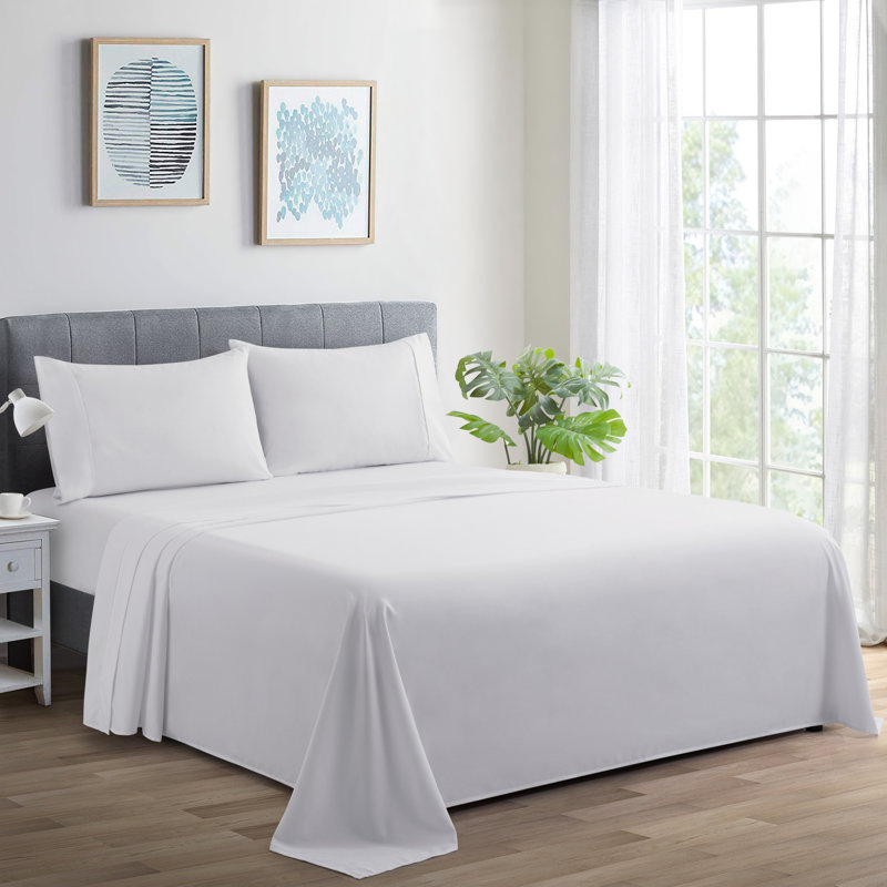 Ensemble de draps en coton 3 pièces avec housse de coussin Marina, Ensemble de draps pour lit simple + 1 taie d'oreil, Blanc