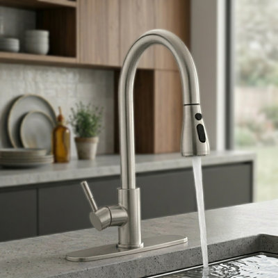 TJAD3411  Single Handle Pull Down Sprayer Kitchen Faucet with Sprayer Stainless Steel and Deckplate in Brushed Nickel