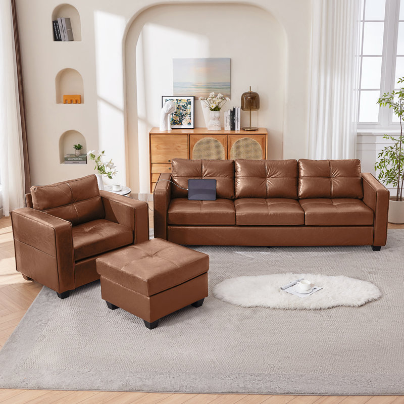 3-Piece Faux Leather Living Room Set, Brown