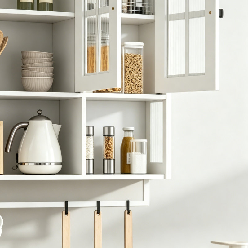Bathroom Wall Cabinet, 3-Door Wooden Wall Cabinet With Open And Hidden Storage Space, Medicine Cabinet With Glass Door And Towel Bar