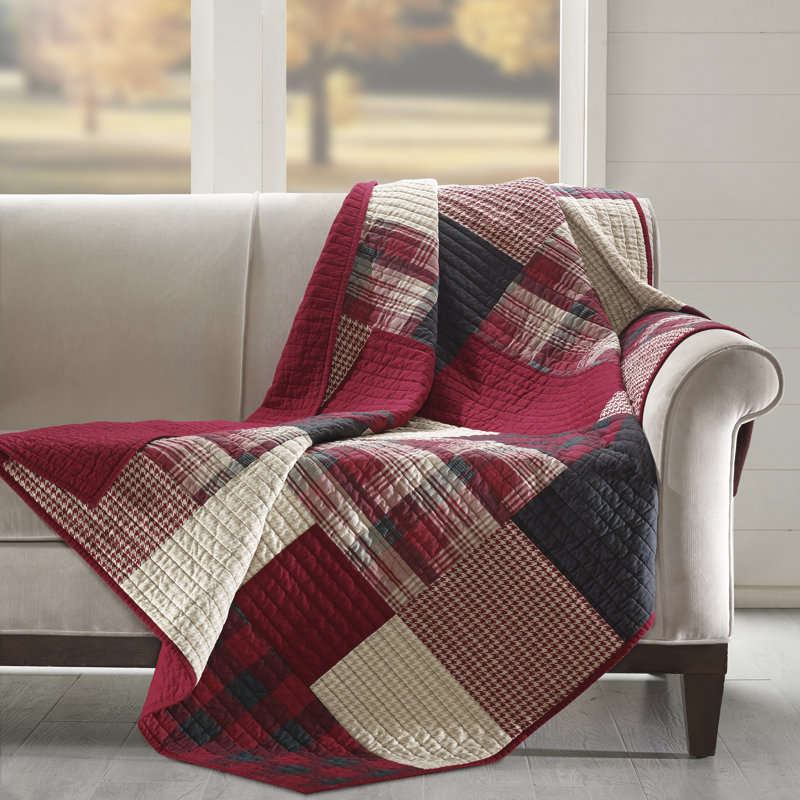 Sunset Red Plaid Cotton Reversible Quilted Throw
