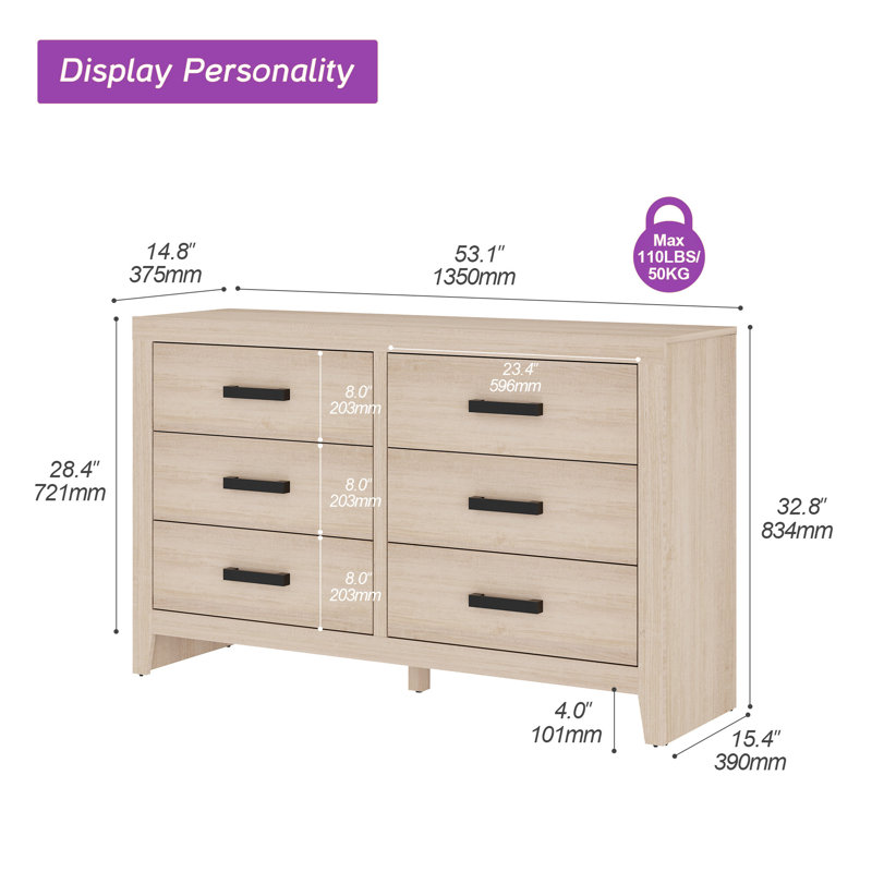 6 Drawer Dresser for Bedroom, 53" Wide Wood Double Dresser with Large Drawers, Farmhouse Rustic Chest of Drawers, Oak Storage Organizer for Living Room,