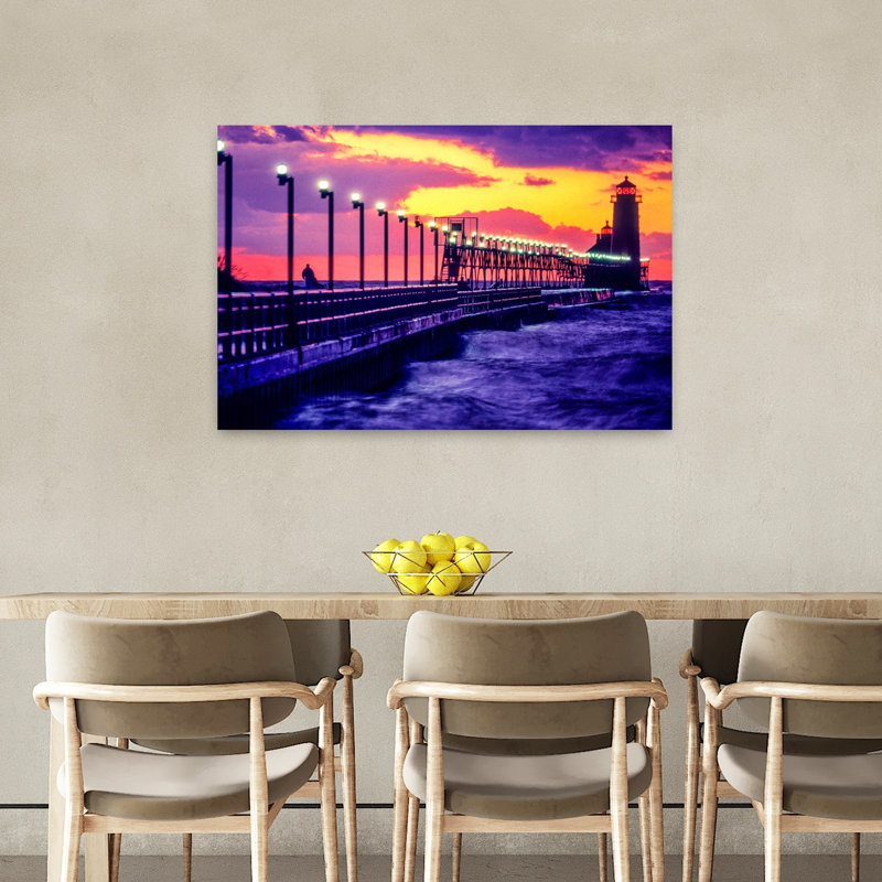 Lighthouse at sunset in Grand Haven Michigan USA 1 Piece Wrapped Canvas Wall Art, 60.96cm H x 91.44cm W