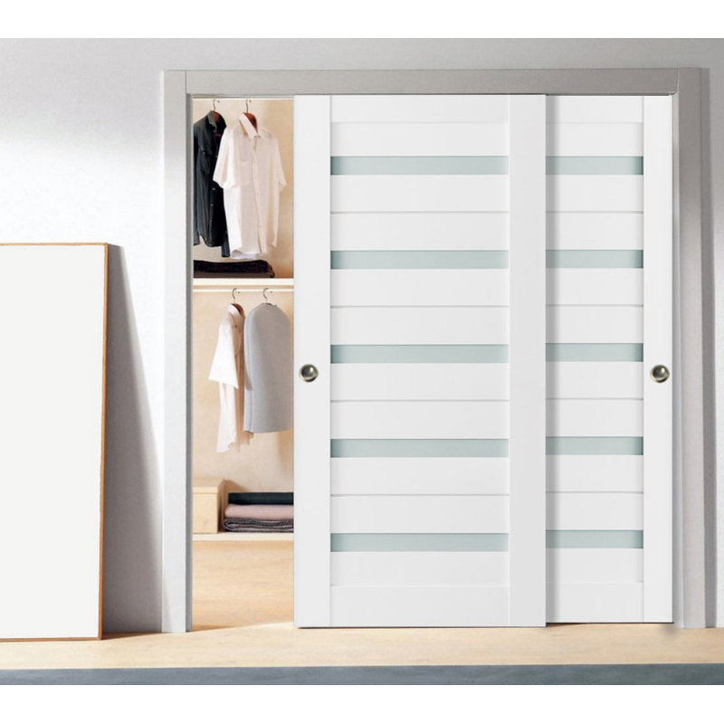 Portes coulissantes de placard à double battant avec verre dépoli Quadro 4445 Blanc Soie, rails robustes, moulures, garnitures, quincaillerie, ensemble de quincaillerie pour portes de placard de chambre en bois massif - 56 po x 80 po (2 x 28 x 80)
