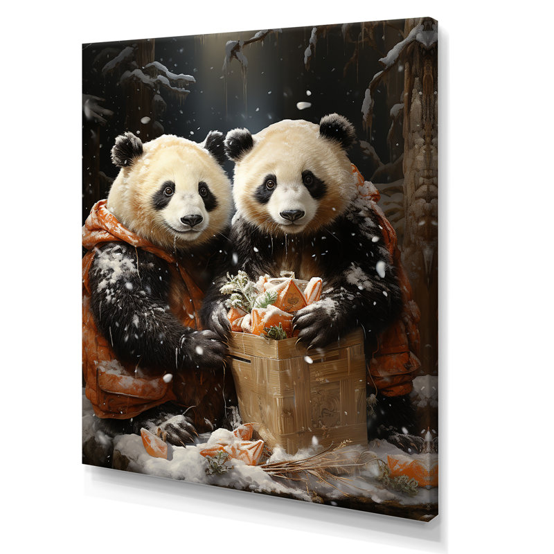 Snowy Bamboo Panda Party - Art mural animal panda, Toile tendue, H 32 po x l 16 po x P 1 po
