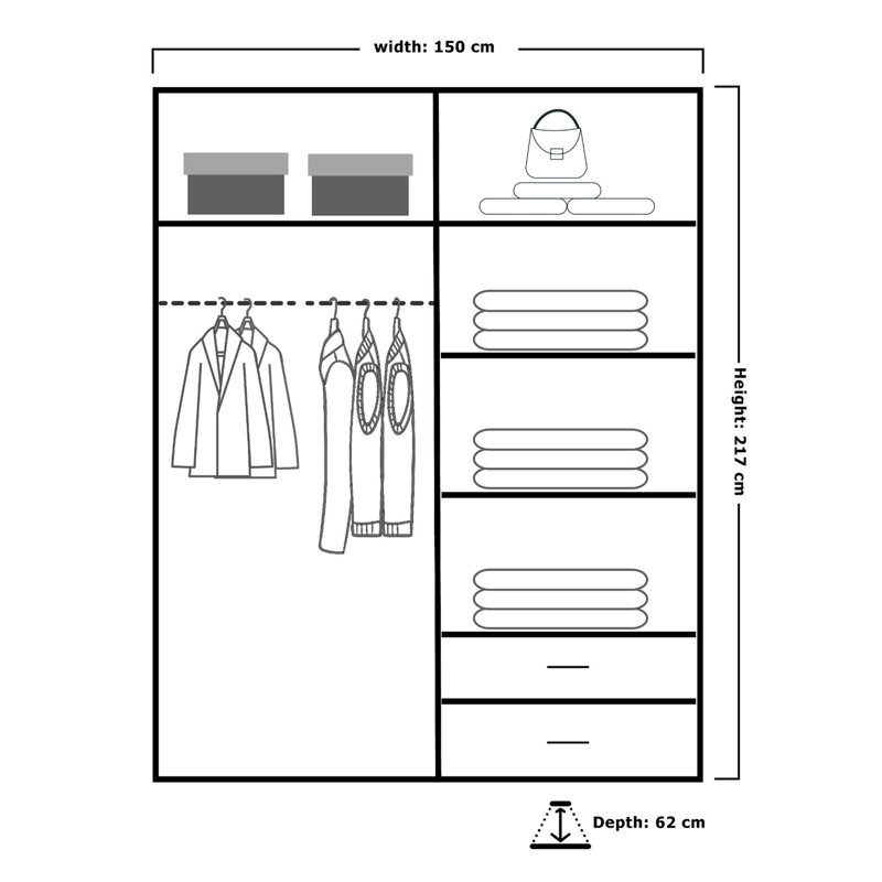 Chabier 2 Door Manufactured Wood Wardrobe, Black, 217cm H x 150cm W x 62cm D
