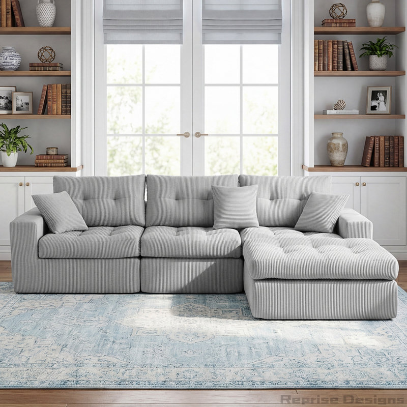 Canapé-lit en coin avec méridienne à compression Corduroy, canapé modulaire en forme de L avec éponge à haute densité, canapé convertible sans assemblage requis pour le salon, appartement, chambre d'amis