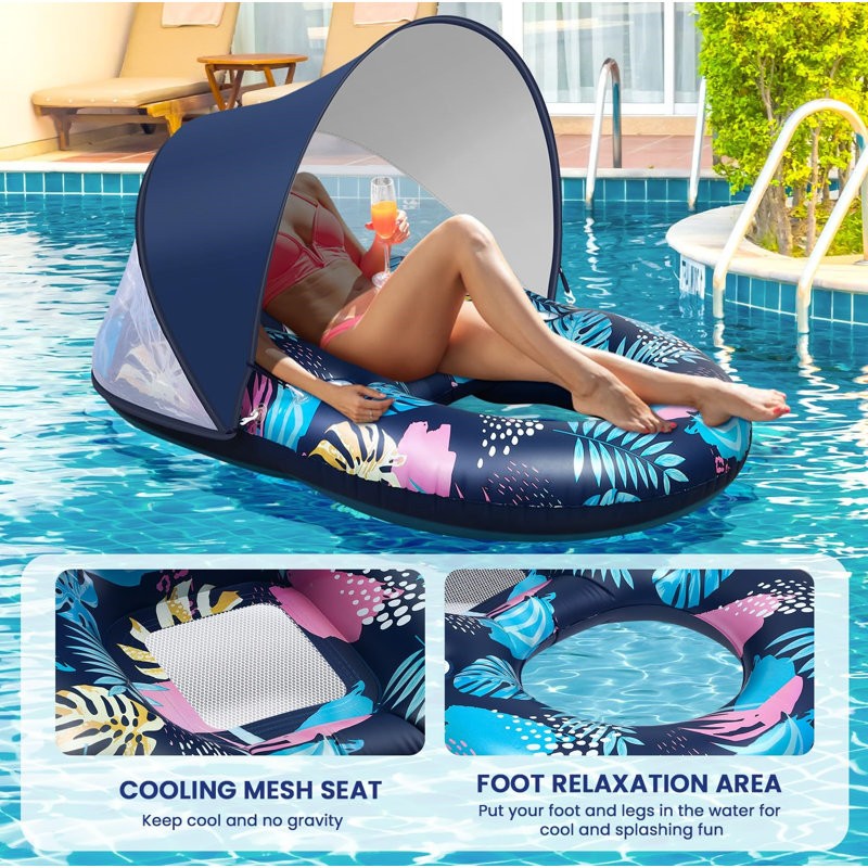 Inflatable Pool Floats With Removable Canopy, Large Pool Beach Floating Raft Lounge With 2 Cup Holders, Swimming Inflatable Pool Floats For Beach, Lake, Party