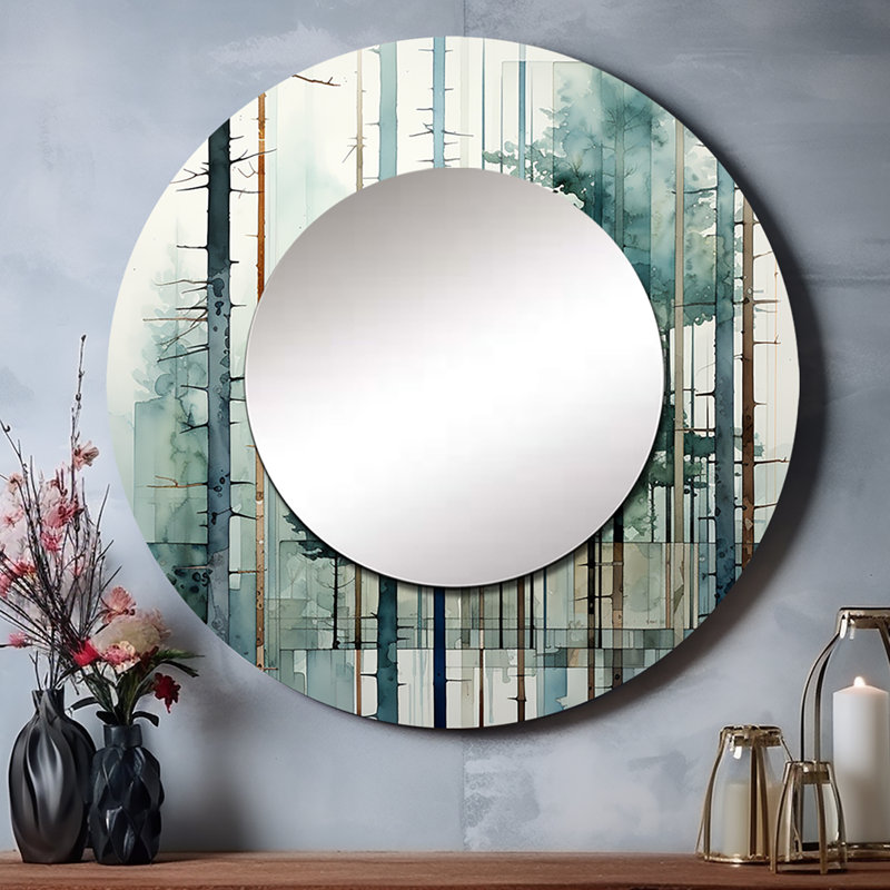 Redwood Tree Geometric Silence II - Trees Round Mirror For Wall Decor, 36" x 36"