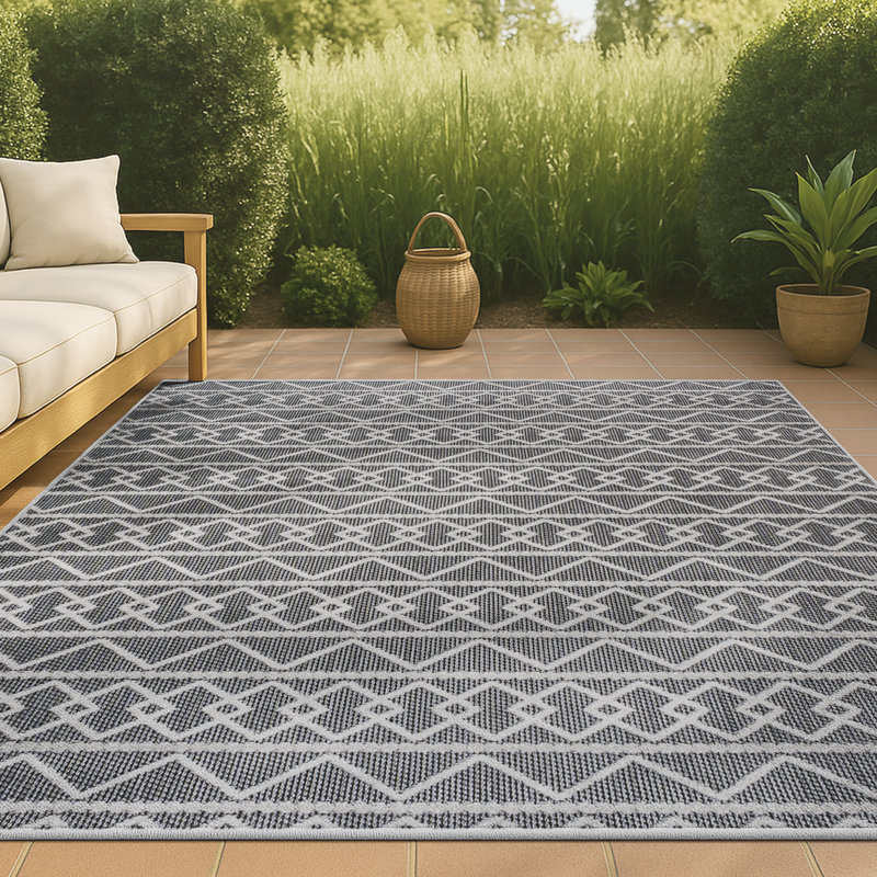 Michela High-Low Pile Knotted Trellis Geometric Black/Ivory Indoor/Outdoor Rug, Rectangle 7'9" x 10'