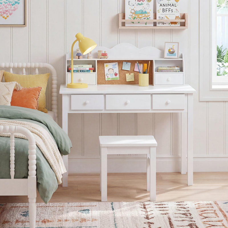 36.2'' Solid Wood Computer Writing Desk with 3 Power Outlets, White